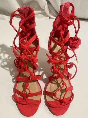 Qupid Women's 8 Fuchsia Pink Y2K Lace Up Cage Strappy Statement Stilettos Heels